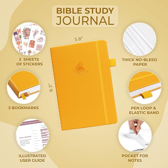 Clever Fox Bible Study Journal – Church Notes Notebook – Note Taking & Journaling Kit – Faith Based Religious Gifts & Accessories (Amber Yellow)