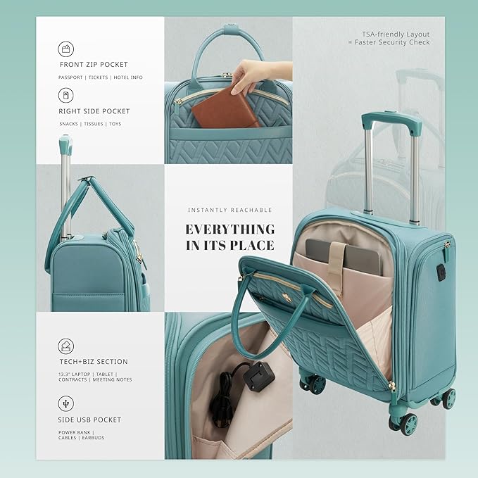 Verage 18x14x8in Spinner Underseat Carry-On Luggage -Airplane Personal Item Bag, USB A&C Charging Port, Padded Laptop Pocket & Wet/Dry Compartments for Women, Misty Aqua