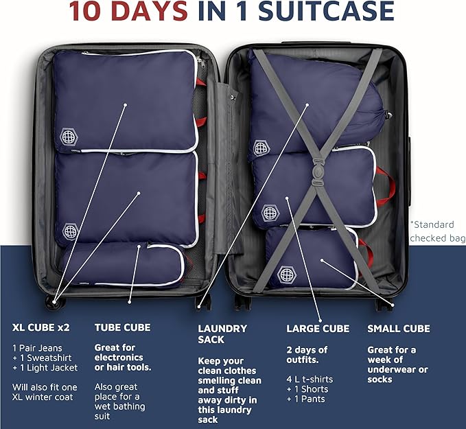 Extra Large Compression Packing Cube 6 Piece Set for Travel and Check Luggage by TRIPPED Travel Gear