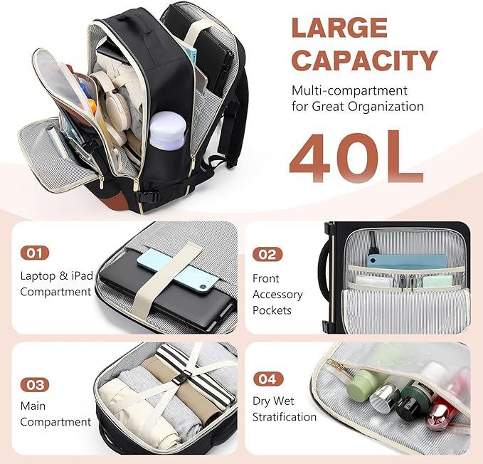 VNINE Travel Backpack for Women Men: 40L Large Carry on Backpack 17 Inch Laptop Backpack Flight Approved Business Work Bag Water Resistant Luggage Daypack Weekender Bag for College Hiking Overnight
