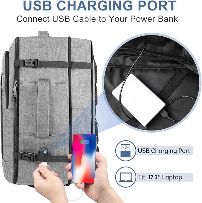 Carry On Backpack, Extra Large 40-50L Travel Backpack for Men & Women, Expandable Backpack For Airplanes, 17 Inch Laptop Backpack, Luggage Suitcase 40L Daypack Lightweight Business Weekender Bag, Grey