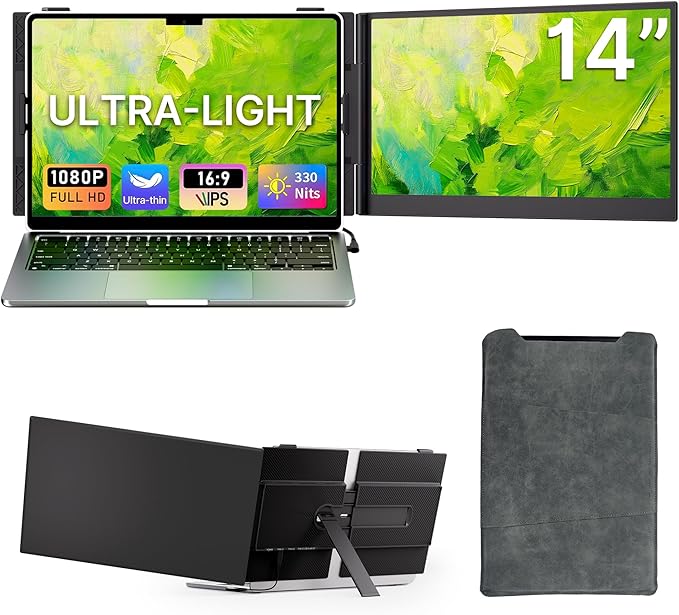 Laptop Screen Extender - 14” Ultra Thin and Light Travel Monitor for Laptop FHD 1080P Portable Second Monitor IPS Screen Display Plug & Play for Mac Windows Android iOS