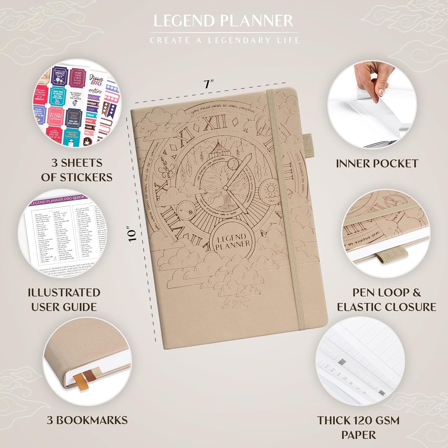 Legend Planner PRO – Deluxe Weekly & Monthly Life Planner to Increase Productivity and Hit Your Goals. Time Management Organizer Notebook – Undated – 7 x 10" Hardcover + Stickers – Seashell