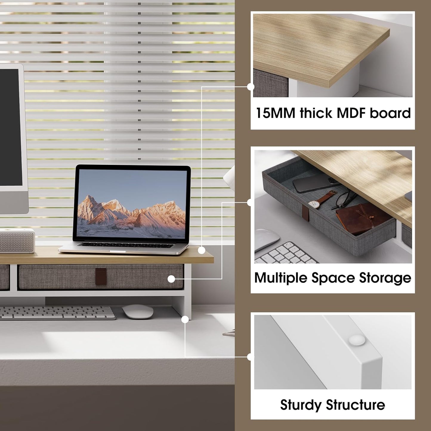 Fenge Monitor Stand with Drawer, 2 Tiers Dual Monitor Riser for Desk, 35 Inch Computer Stand for 2 Monitors, Desk Shelf for Home, Office, Laptop, PC, TV, Printer