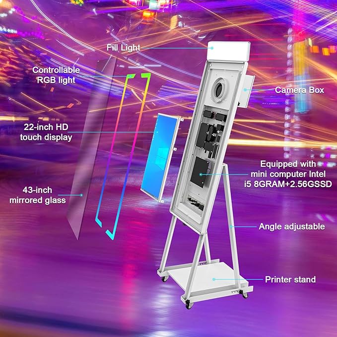 Mirror Photo Booth with Camera and Printer, 40" Magic Mirror Photo Booth, 22" Touch Screen Built-in Mini PC with Instant Print and Sharing, Music Sync Control RGB Light (White, 45-22" Full Set)