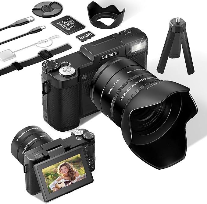 FLATIC 6K Digital Camera, 75MP Cameras for Photography with 8X Optical Zoom & Tripod, Anti-Shake Vlogging Camera with 3" 180° Flip Screen, 64GB Card, Card Reader (Optical Zoom)