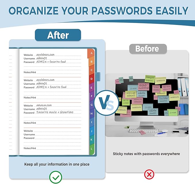 SUNEE Password Book with Colorful Alphabetical Tabs, Password Books for Seniors, Password Keeper Book for Computer and Internet Address Website Login, 5.3''x 7.7''- Petrol