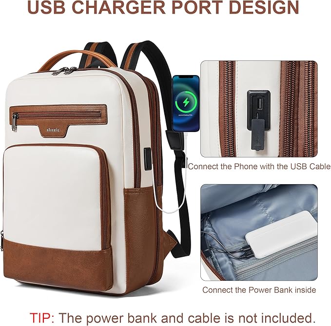 Shrrie Leather Laptop Backpack for Women and Men,28 L Travel Backpack Computer Bag Fits 16 inch Laptop,Expandable Casual Daypack with USB Port for Work Business Weekender College,Beige with Brown