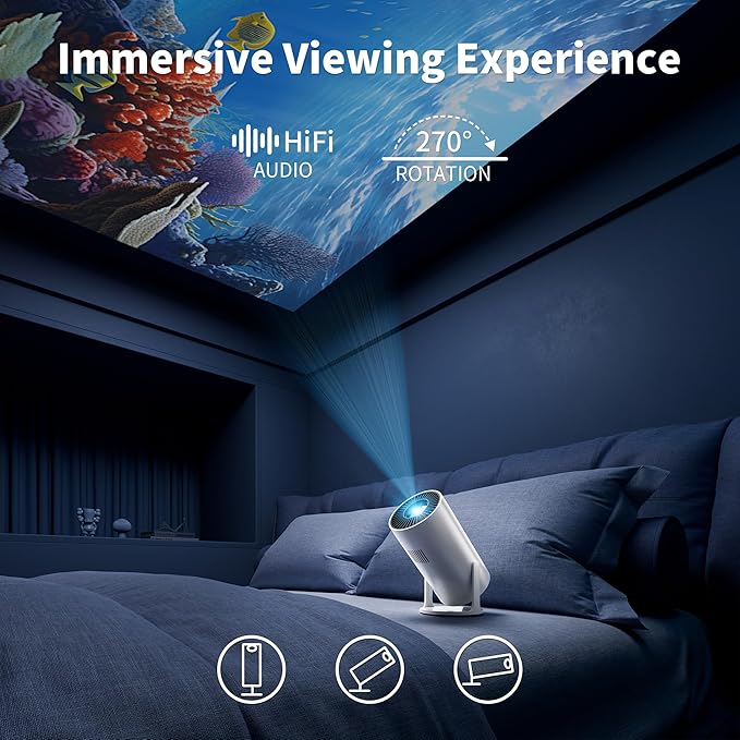 Mini Projector Portable Proyector 4K Support, Native 720P Small Projector with 270° Rotatable Stand, Compatible with TV Stick/Smartphone/HDMI/USB for Bedroom/ Outdoor Camping (No WiFi or Bluetooth)