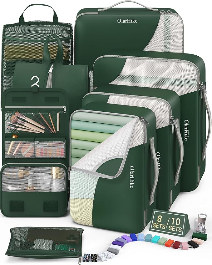 8 Set Packing Cubes for Travel, Gifts for Women Mom,Anti-Tearing Suitcase Organizer for Luggage with Shoe & Hanging Toiletry Bag,OlarHike Vacation Essentials & Accessories for Cruise Ship,Dark Green