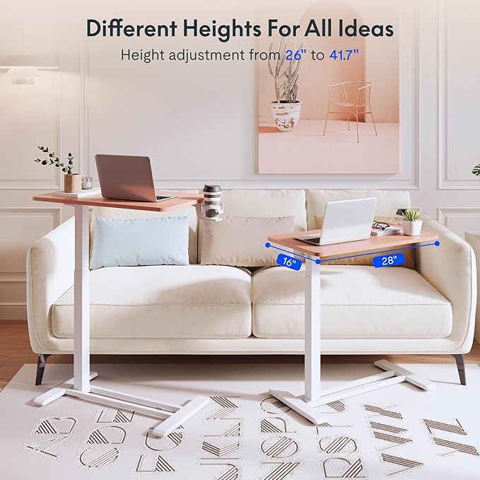 FLEXISPOT H7 Adjustable Overbed Bedside Table with Wheels Pneumatic Mobile Standing Desk Laptop Desk Rolling Computer Cart Movable Overbed Table Hospital Home Use(27.6" W x 15.7" D, Pink)