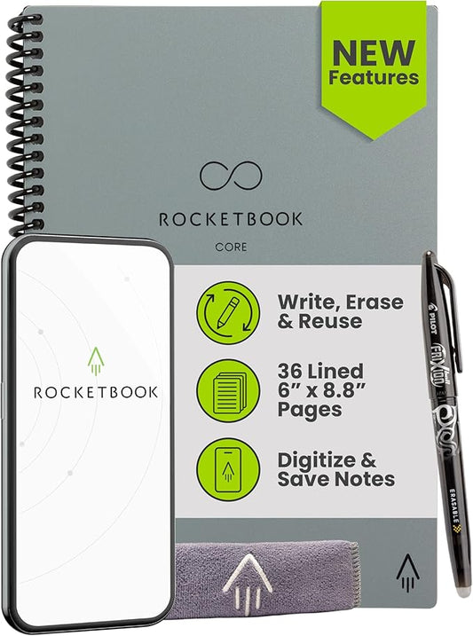 Rocketbook New Core Reusable Spiral Notebook, Executive Size 6x8.8, Gray - Lined Pages, App-Connected, Erasable, Durable Cover, Ideal for School, Work, and Creative Projects