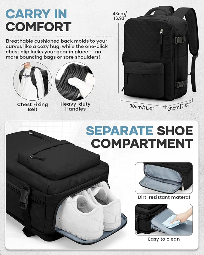 Vacuum Travel Backpack with Pump for Women, Personal Item Carry on Backpacks Flight Approved 18x14x8 inches for Men,Laptop Waterproof Work Compression bags Casual Daypack Black.