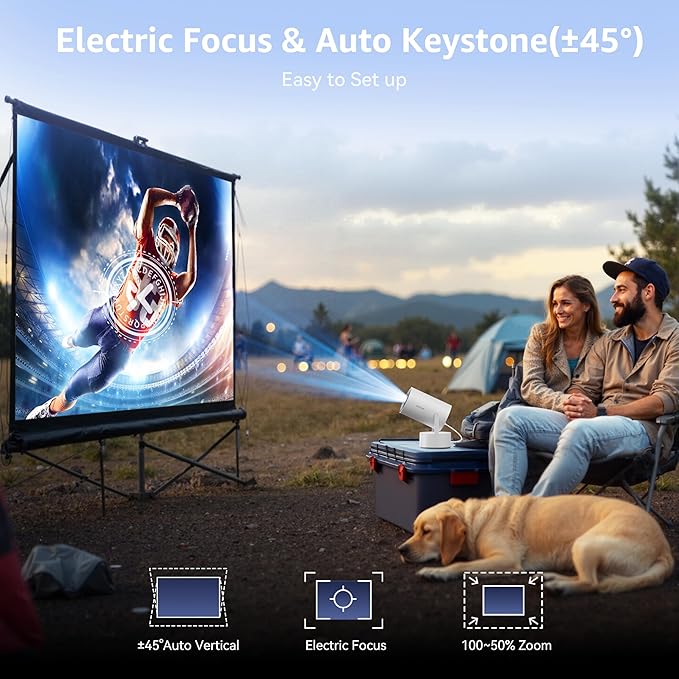 Mini Projector, Rechargeable Portable Outdoor Smart Projector with 4K Support, Auto Keystone, Android 11 Small Projector with WiFi and Bluetooth, Electric Focus Home Theater for iphone