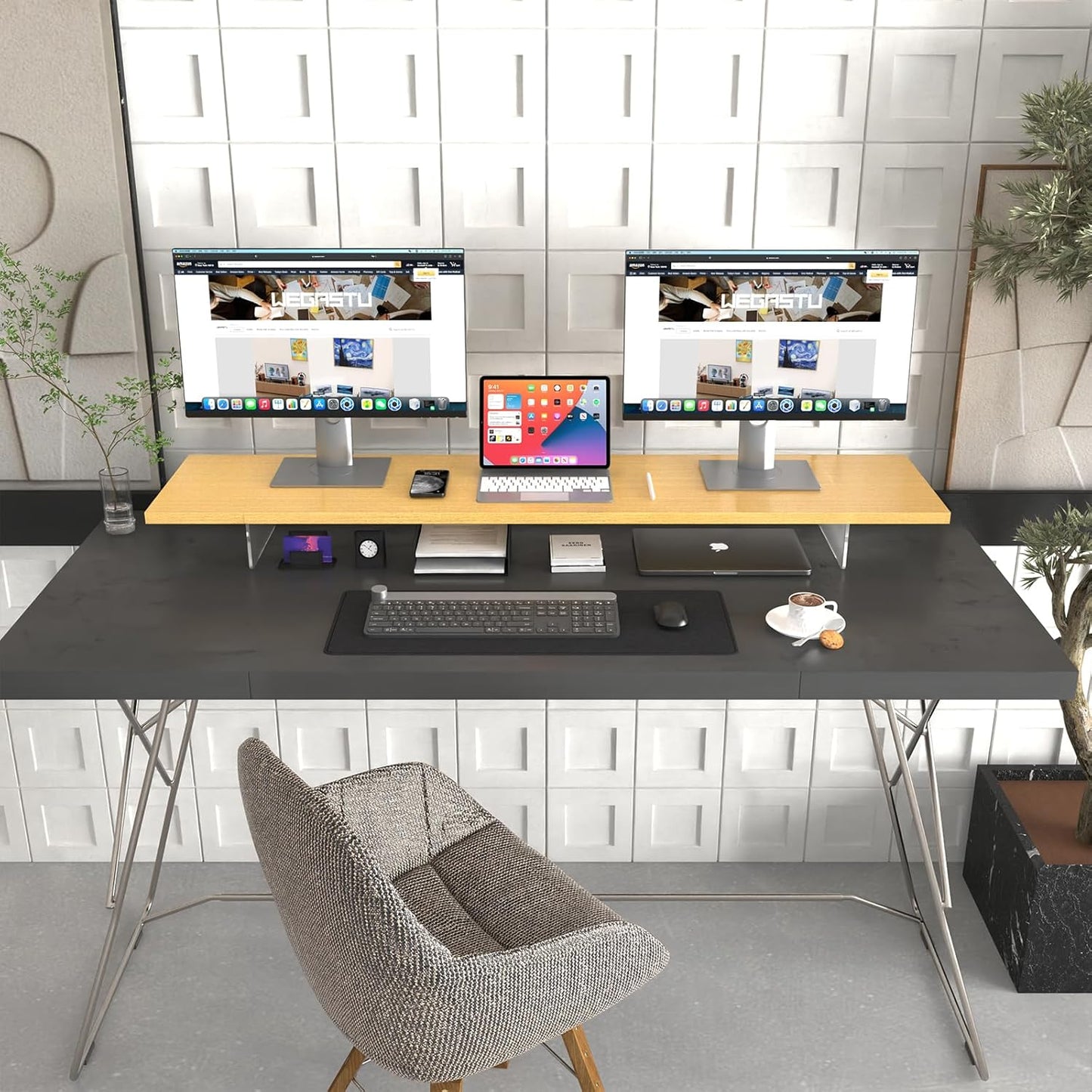 Crystal Clear Acrylic Monitor Stand,Leg levitating design Height Adjustable,Dual Monitor Riser Shelf Organizer for Desk、Home Office、Printer、TV Screen、Keyboard Storage (Nature)