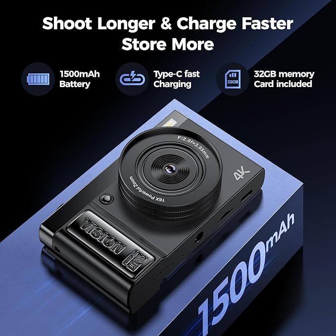 Digital Camera 4K for Photography Vlogging: 64MP Cameras for Video - 16X Zoom Photo Camera Gifts for Teens Ages 8-18 - 180°Flip Screen Compact Cámara - Point and Shoot Digital Cameras for YouTube
