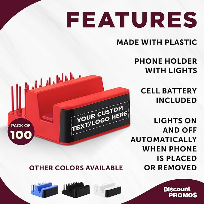 DISCOUNT PROMOS Custom Light Up Logo Phone Stands Set of 100, Personalized Bulk Pack - Essential Smartphone Accessory, Perfect for Office and Home - Red