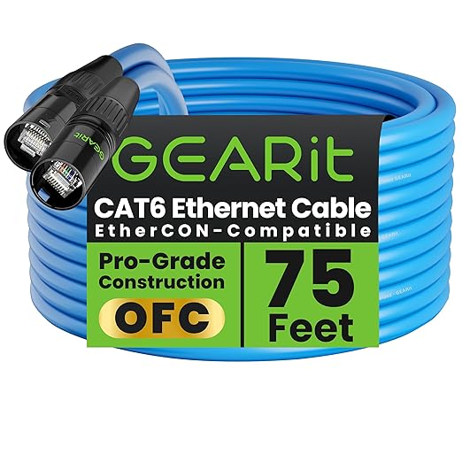GEARit Shielded CAT6 Ethercon Cable (75 Feet) Professional Audio & Lighting RJ45 EtherCON-Compatible Cable for Studio, Stage, Concerts - 75ft Blue