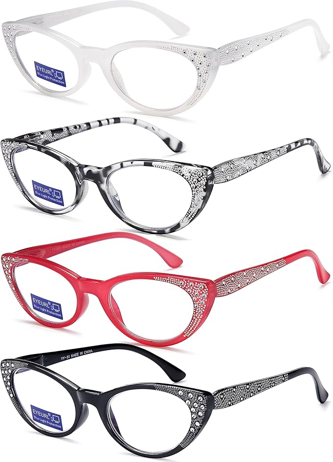 EYEURL Cat Eye Reading Glasses for Women Blue Light Blocking 4 Pack Computer Readers 1.00 Spring Hinge Anti UV Fashion Lightweight Frames Eyeglasses