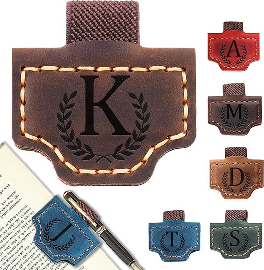 Personalized Bygone Mark Bookmark with Pen Holder, Leather Magnetic Bookmark 26 Letters Name Initial Bookmarks for Readers, Book Lover Gifts for Women Men Notebook Accessories (Coffee, K)