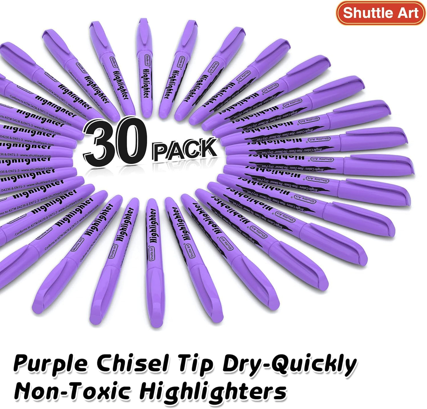Shuttle Art Highlighters, 30 Pack Purple Highlighters Bright Colors, Chisel Tip Dry-Quickly Non-Toxic Highlighter Markers for Adults Kids Highlighting in Home School Office
