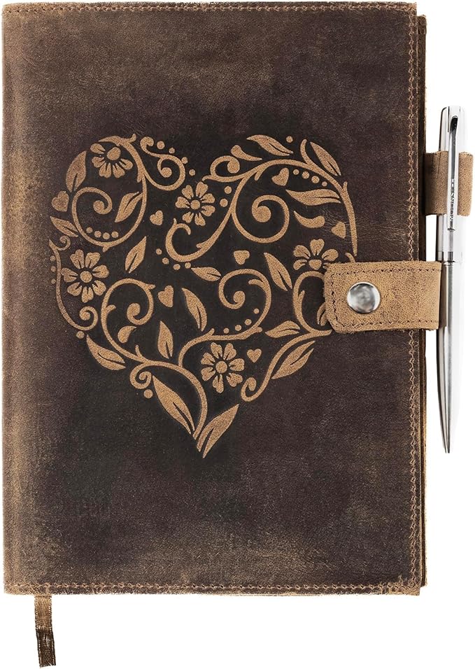 moonster Refillable Leather Journal Embossed Heart Shape Cover Design Journals with Pen – Milled A5 Leather Journal Lined Paper - Journals for Women – Leather Vintage Journal - 320 Pages