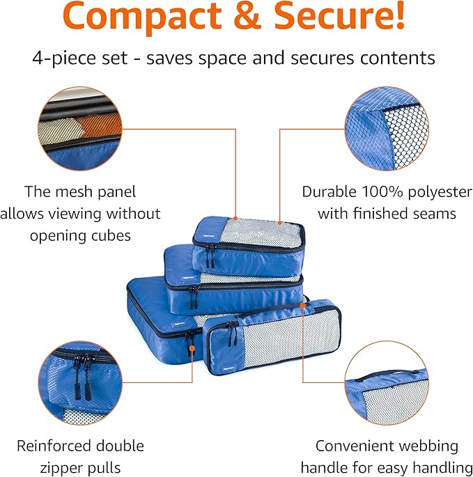 Amazon Essentials 4-Piece Packing Cubes Travel Accessories Set, Luggage Organizer with Double Zipper, Mesh Top, 100% Polyester, Small/Medium/Large/Slim, Blue (Previously Amazon Basics)
