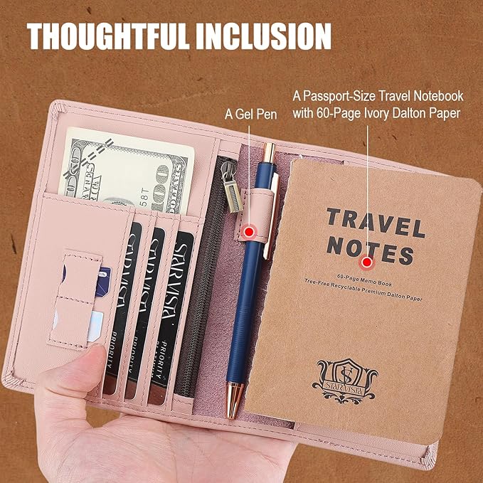 STAR VISTA Phoenix Leather Passport Holder, Calfskin Travel Wallet - RFID Blocking, ID Window, Zipper Pocket, Pen & Notebook Included, Pale Pink