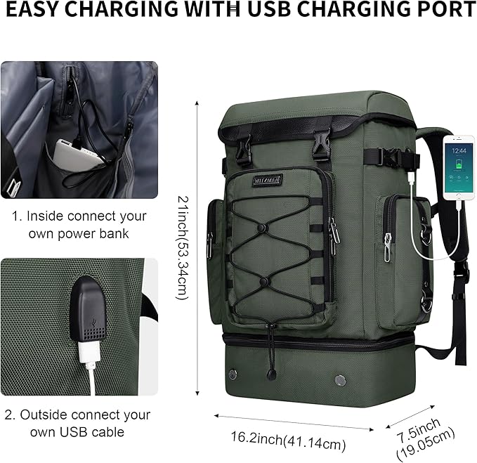 WITZMAN Travel Backpack for Men Women Carry on Bags for Airline Approved Convertible Duffle Luggage Backpack Shoe Compartment（B691 Light Green）