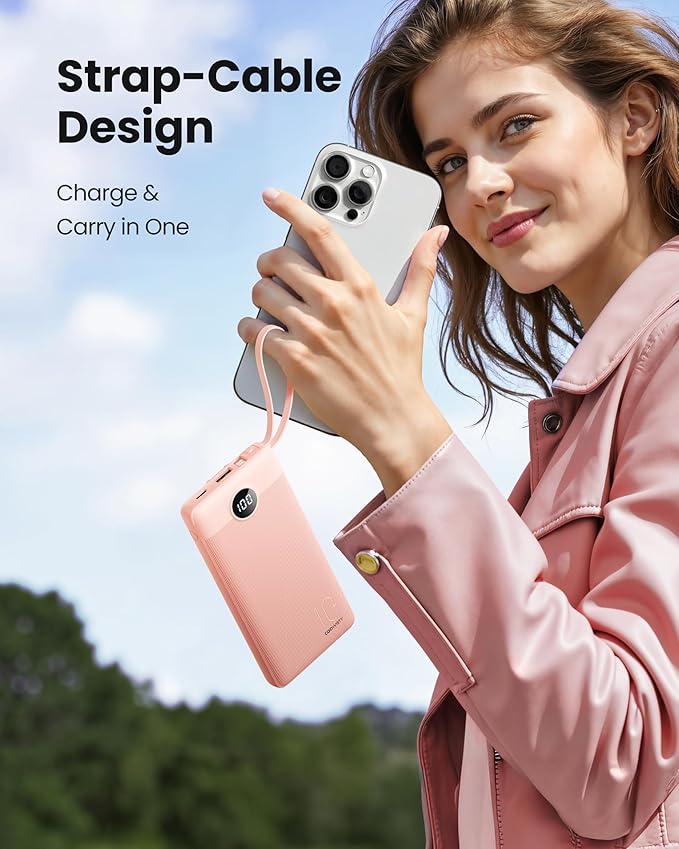 Portable Phone Charger, Slim 10000mAh Power Bank with Cords Wires, Battery Pack 5 Outputs 2 Inputs LED Display Compatible with iPhone/Android & More (Pink)