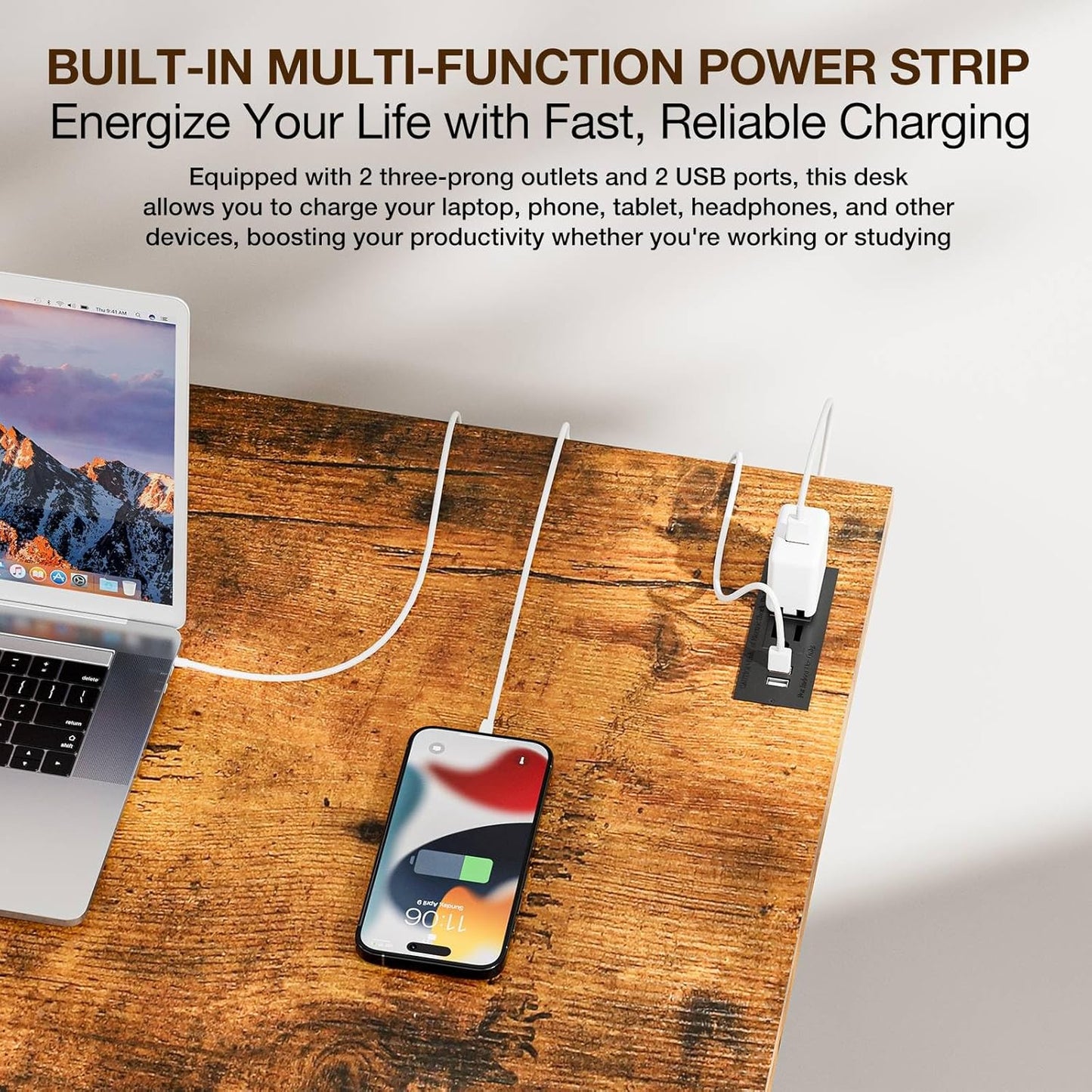 TEMI Small Computer Desk Folding Table - No Assembly, Compact 35.8" Foldable Desk with Power Outlets & USB Charging Port, Portable Small Office Desk, Ideal Mini Study Table for Narrow Spaces, Brown