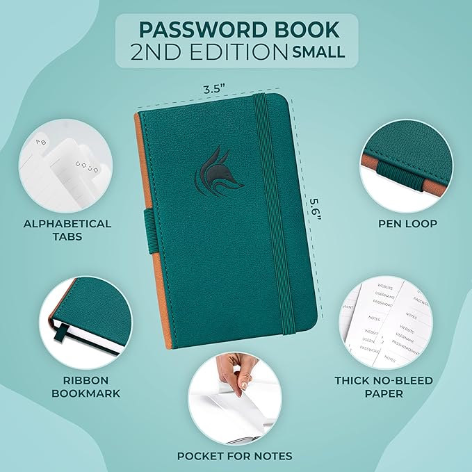 Clever Fox Password Book 2nd Edition Small – Pocket Password Keeper with Alphabetical Tabs – Internet Address Notebook & Login Details Organizer Journal – 3.5x5.6” (Dark Teal)
