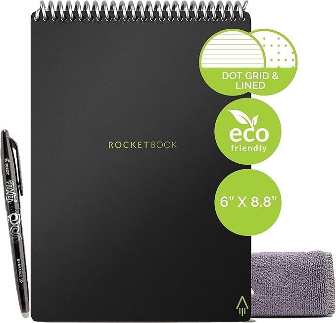 Rocketbook Smart Reusable Notebook, Flip Executive Size Spiral Notebook, Infinity Black, (6" x 8.8"")
