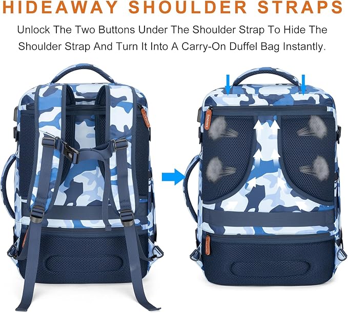 Travel Backpack 42L Carry on Backpack Flight Approved Expandable Travel Backpack Carry on Backpack Luggage Daypack (Blue Camouflage)