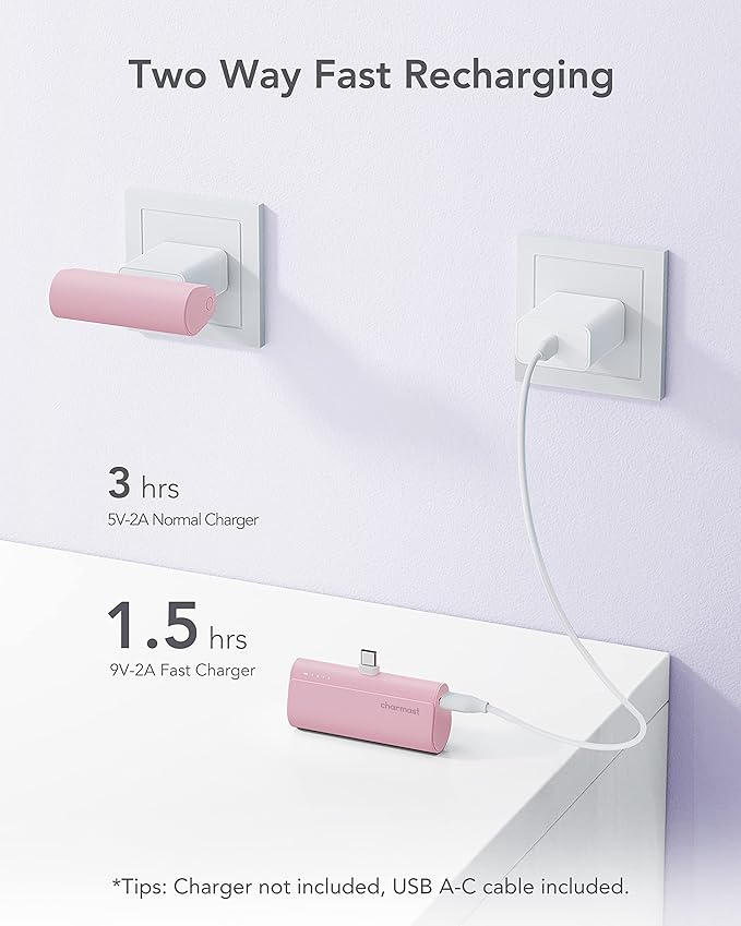 charmast Portable Charger USB C for iPhone 17/16/15, 5000mAh Fast Charging Battery Pack with Built-in Type-C Connector, 20W Mini Power Bank for iPhone 17/16/15 Series, Samsung S22/23 Series, and More