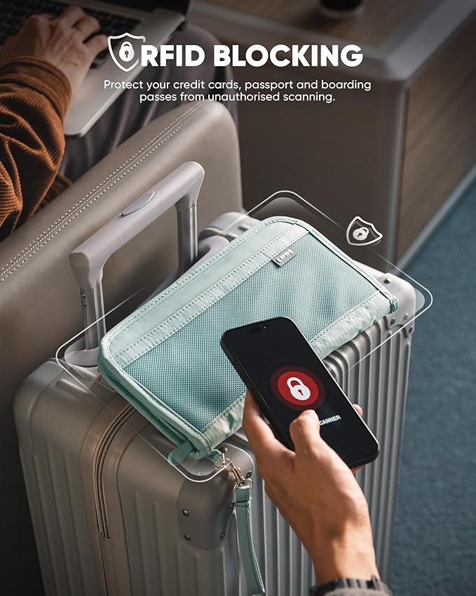 VULKIT Passport Wallet Passport Family Holder RFID Blocking Travel Card Organizer with Wrist Strap for Men or Women(Green)