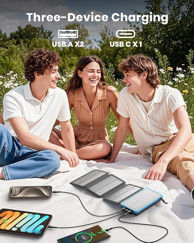 Hiluckey Solar Charger 25000mAh, Outdoor USB C Portable Power Bank with 4 Solar Panels, 3A Fast Charge External Battery Pack with 3 USB Outputs Compatible with Smartphones, Tablets, etc. (Blue)