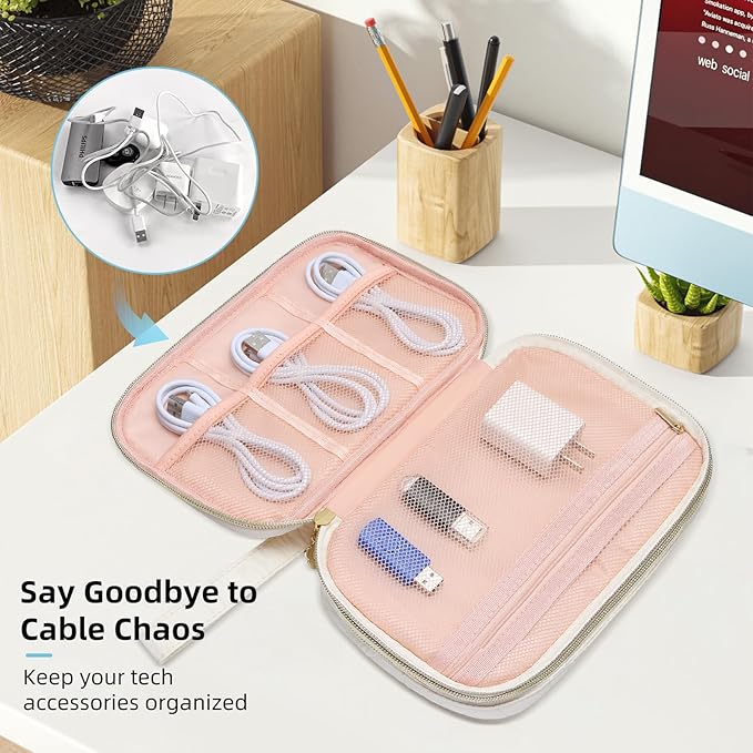 Electronics Organizer Travel Case, Charger Bag Cord Organizer Travel, Compact Tech Pouch Cable Organizer Bag for Charger, Cords, Phone, Headphones, Flash Drive, SD Card (Beige, Small-Double Layer)