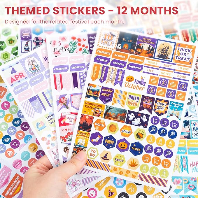 Ospelelf Planner Stickers, 18 Sheets Monthly Calendar Sticker Pack, Inspirational Motivational Quotes Festivals Label Sticker, for Decorating Organizers Scrapbooks Laptops Cups