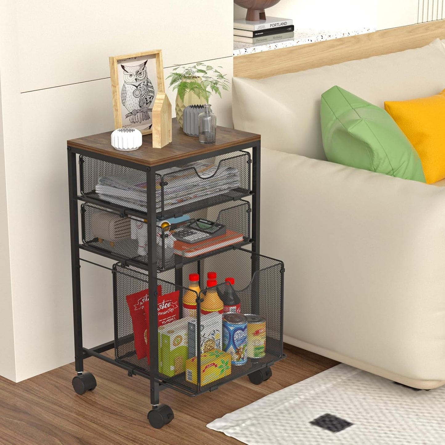 Rolling File Cart with 3 Storage Drawers, Wood & Mesh Hanging File Folder Organizer with Wheels Under Desk, File Cabinets for Home Office, 11.81" D x 14.8" W x 25.39" H, Black