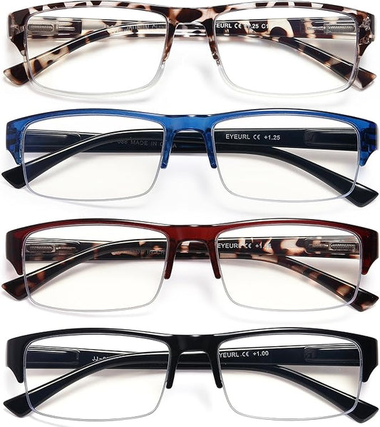 EYEURL 4-Pack Half Frame Blue Light Reading Glasses for Men Rectangle Semi Rimless Readers for Women Spring Hinge Eyeglasses