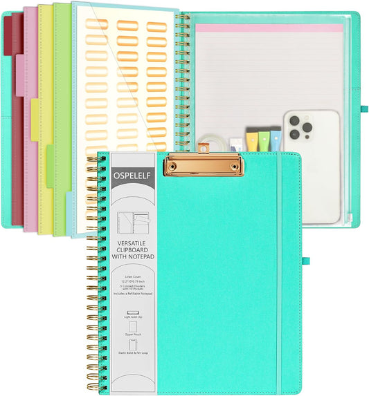 Ospelelf Foldable Spiral Clipboard Folio with Storage Zipper Pouch, 5 Plastic Folders with 10 Pockets,Refillable Lined Notepad (11" x 8.5"), Hardcover Project Organizer with 39 Stickers (Aqua)