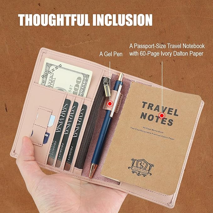 STAR VISTA Phoenix Leather Passport Holder, Calfskin Leather Travel Wallet - RFID Blocking, ID Window, Zipper Pocket, Pen & Notebook Included, AirTag Holder, Pale Pink