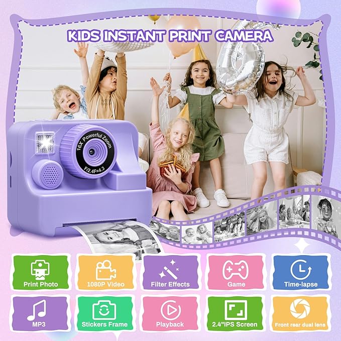 Kids Camera Instant Print, Dual Cameras Photo 1080 HD 2.4 Inch Screen Toddler Print Camera with 3 Prints Paper & 32 G,Christmas Birthday Gifts for Girls Boy 3 4 5 6 7 8 9 1s0 11 12 Year Old