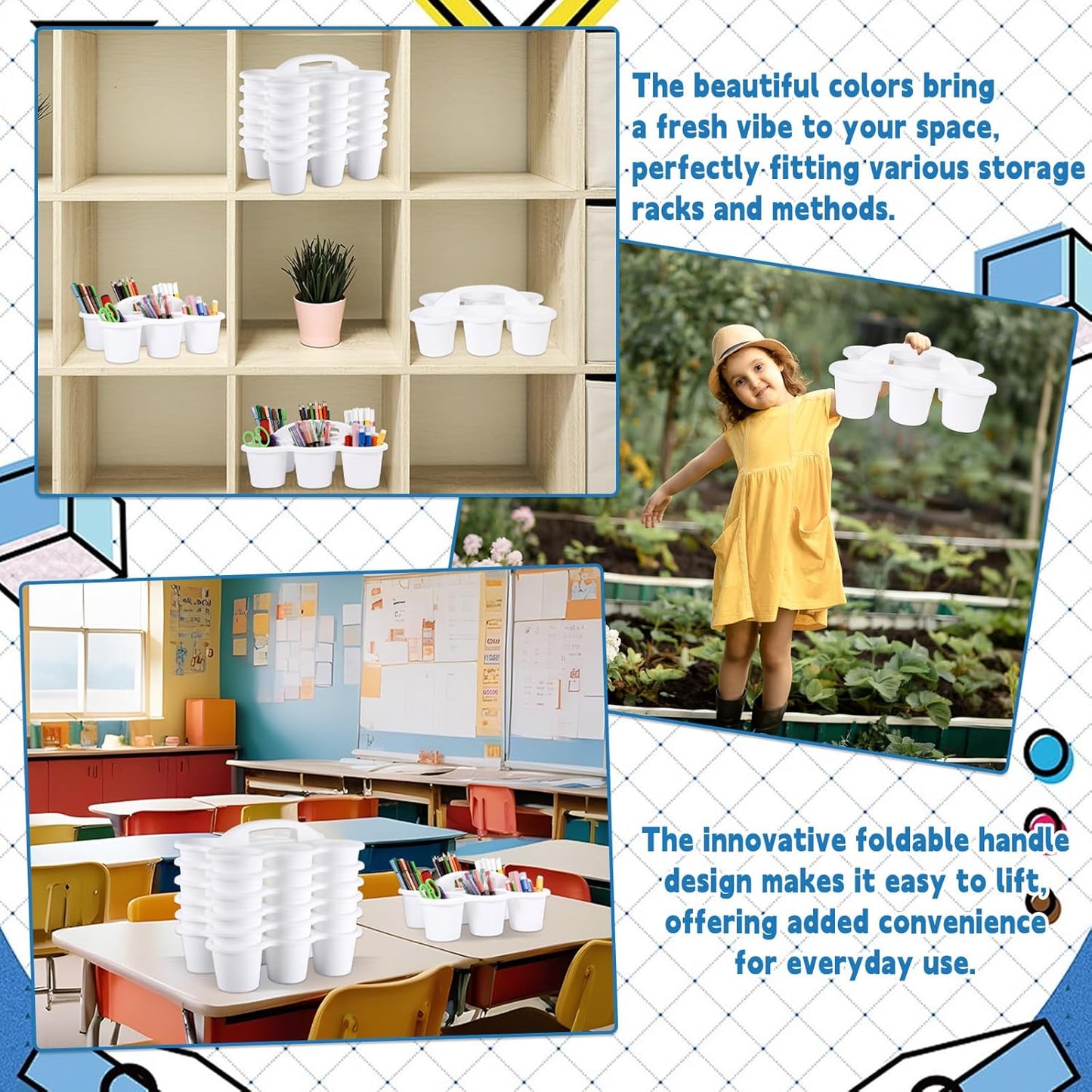 6 Pack Classroom Caddy with Handle Plastic Storage Caddy Organizer with 6 Compartments Drink Cup Caddies Holder Portable Storage Bin for Pencil, Crayon, Marker, Home, Office, School Supplies(White)