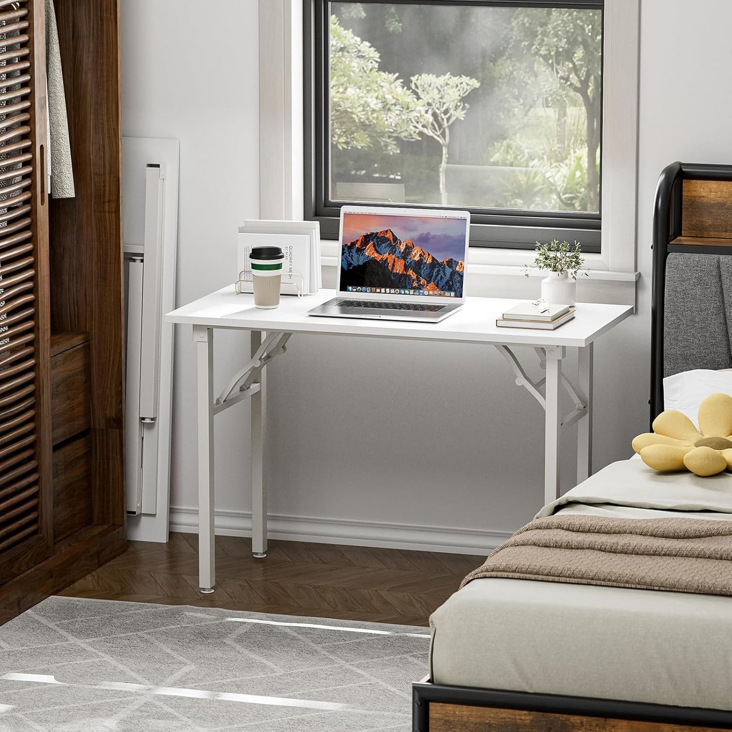 TEMI Small Computer Desk Folding Table - 43.3" Foldable Office Desk, No Assembly, Perfect for Small Spaces in Bedroom, Dorm, or Apartment, Portable Mini Desk or Study Table with Compact Design, White