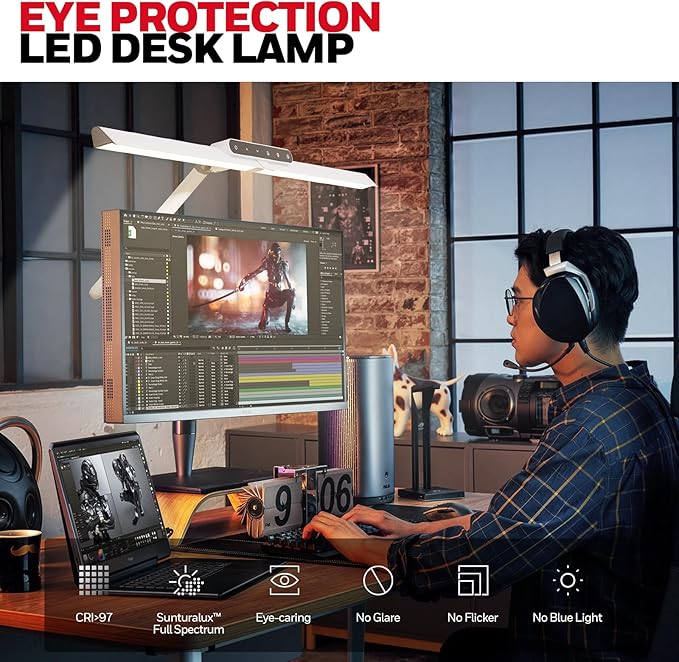 Honeywell LED Desk Lamp with Clamp - HJ1 Sunturalux Eye-Caring Clip on Lights for Home Office, 1200LM Clamp Lamp 4 Color Modes Stepless Dimming Task Desk Light for Working White