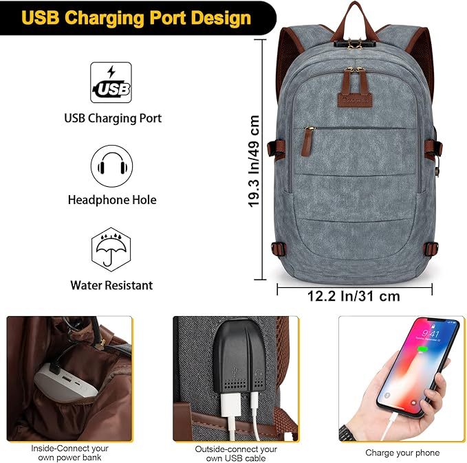 Canvas Laptop Backpack-Anti Theft Bag for Men Women,Rucksack Fits 15.6Inch Laptop, Work Travel Bookbag with USB Charging Port and Lock