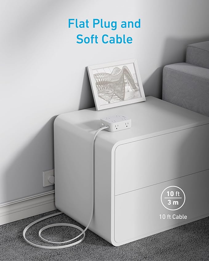 Anker Surge Protector Flat Plug Power Strip 2000J, 10ft Thin Extension Cord, 8 Outlets,2 USB A and 1 USB C Port,20W for iPhone15,Wall Mount,Compact for Home,Office,Room,TUV Listed