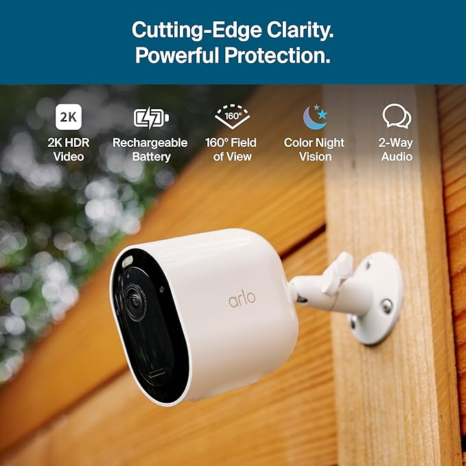 Arlo Pro Security Camera (6th Gen - 2025 Release) - 2K HDR, Battery Power, Event Captions, Emergency Response, 1-Month Trial of Secure Plan, 160° Field of View, Dual-Band WiFi, Spotlight, 4 Cam, White